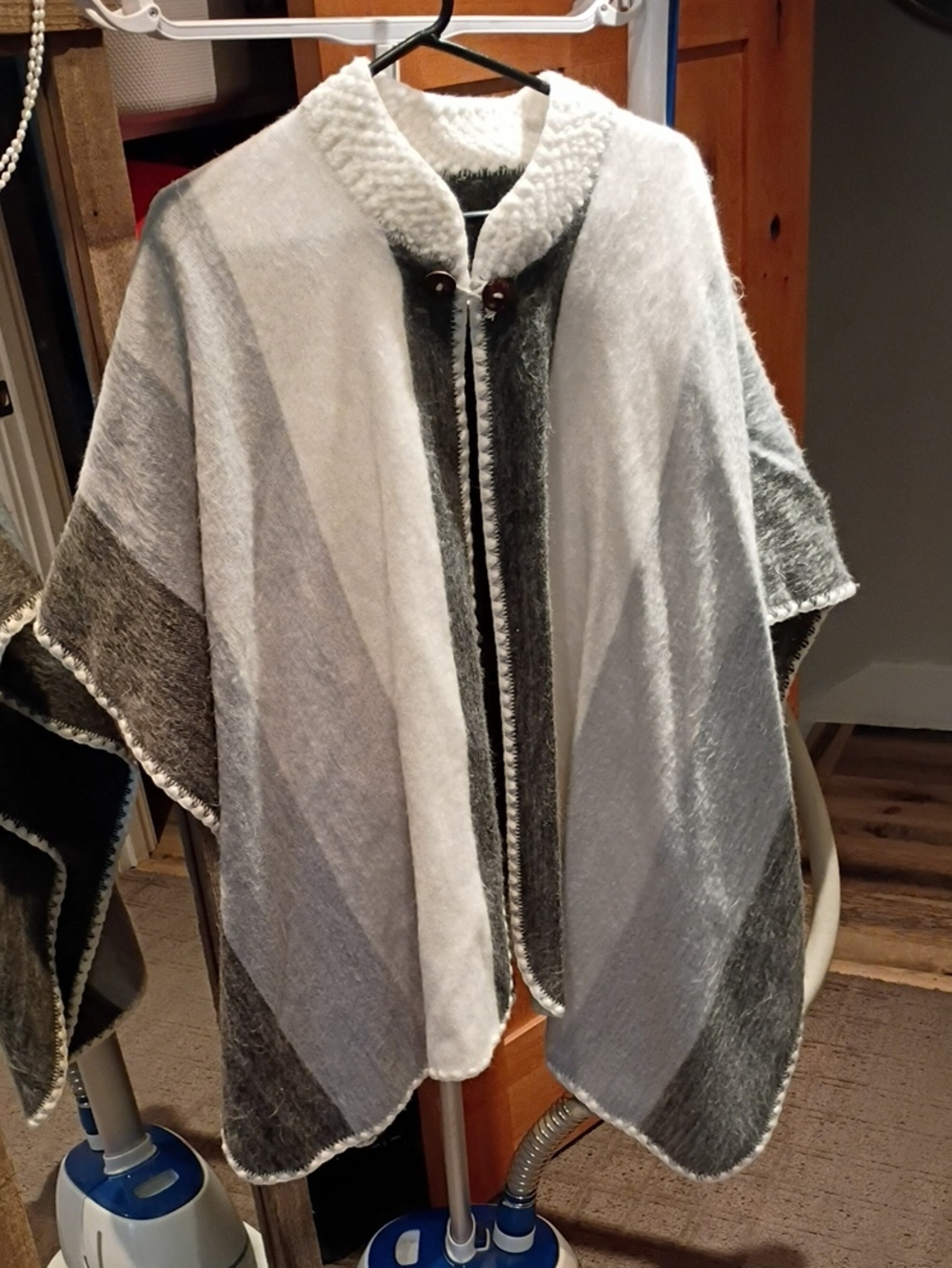 Gray & White Knit Poncho Cape with Button Closure